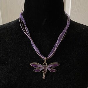 Purple dragonfly multi strand necklace ribbon